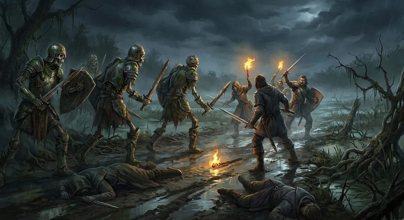 Skeletons ambush the party on the marshland road