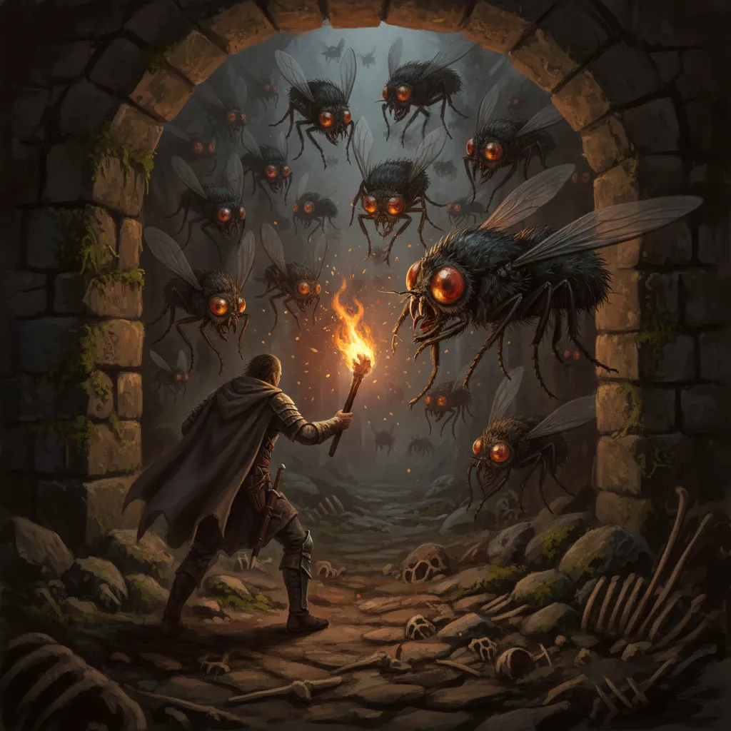 Giant flies swarming toward torchlight in the barrow corridor
