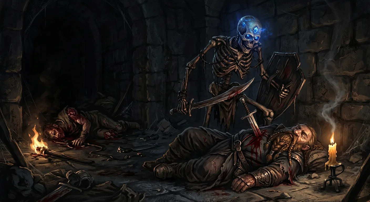 A sapphire-skulled skeleton looms over the fallen dwarf wizard SeaCrock by dying candlelight, Kolix's body visible in shadow